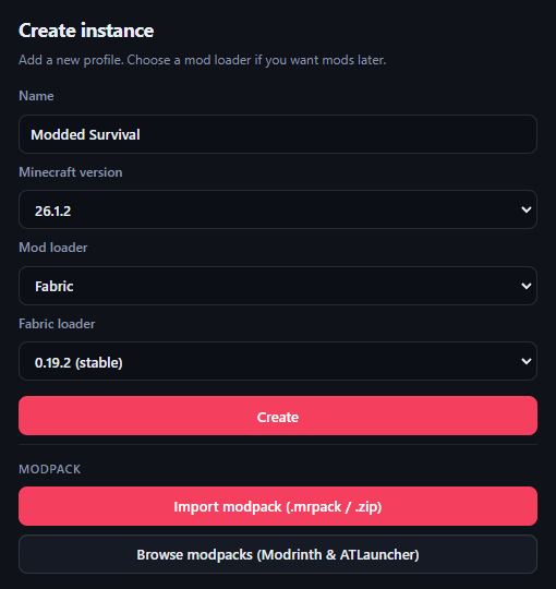 Create instance screen with name field, Minecraft version, Fabric loader, and modpack import options.
