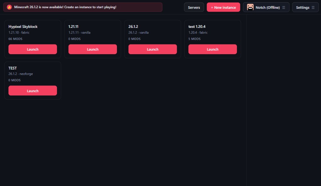 Another view of the instance dashboard with profile menu and Launch buttons.