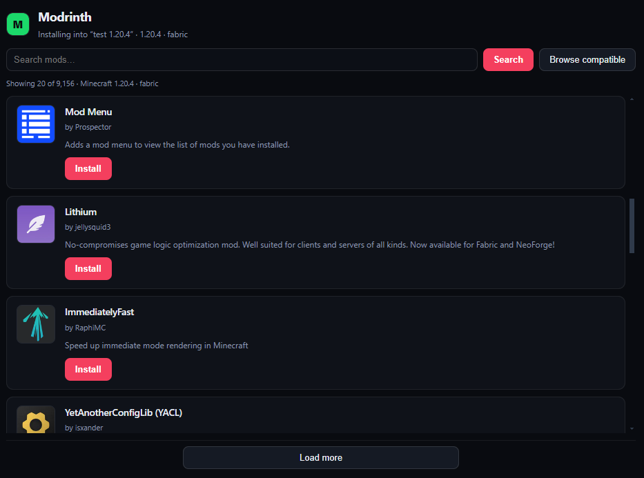 Modrinth mod search scoped to an instance showing Mod Menu and other mods with Install buttons.