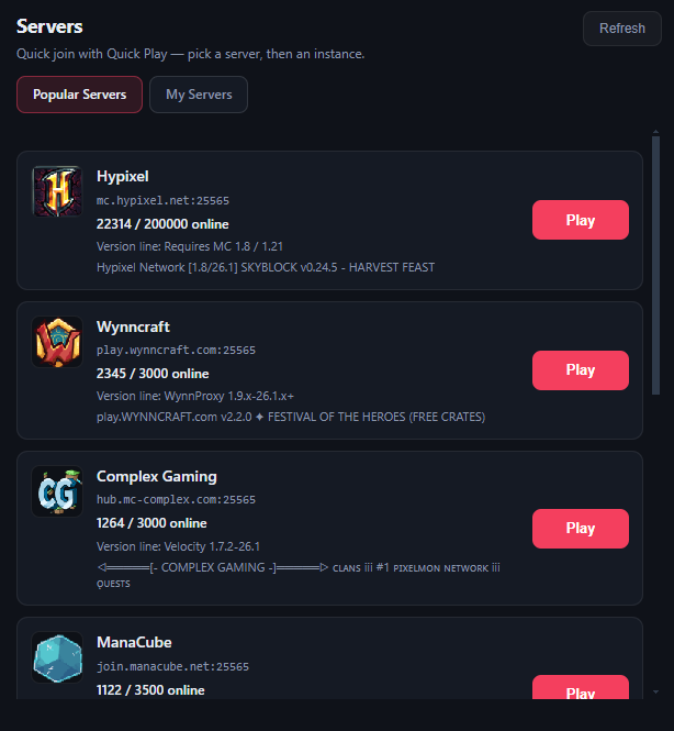 Servers list with Hypixel and other popular servers showing addresses, player counts, and Play buttons.